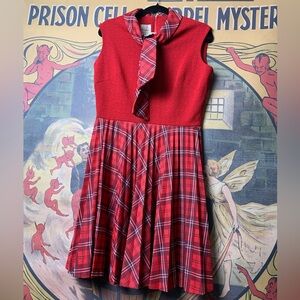 Vintage Red Plaid Pleated Crimplene Dress